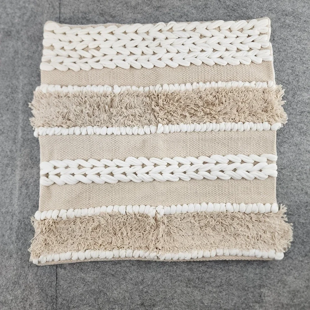 Trade Star Cream Beige Woven Textured Fringe Boho Decorative Pillow Cover 18x18
